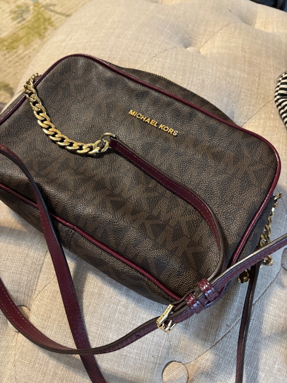 Michael Kors Brown Logo Crossbody with Wine Trim and Gold Hardware